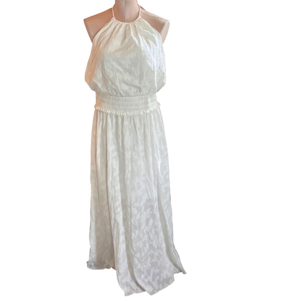 BCBGMAXAZRIA Off White Floral Jacquard Halter Maxi Dress Size M NWT Coastal